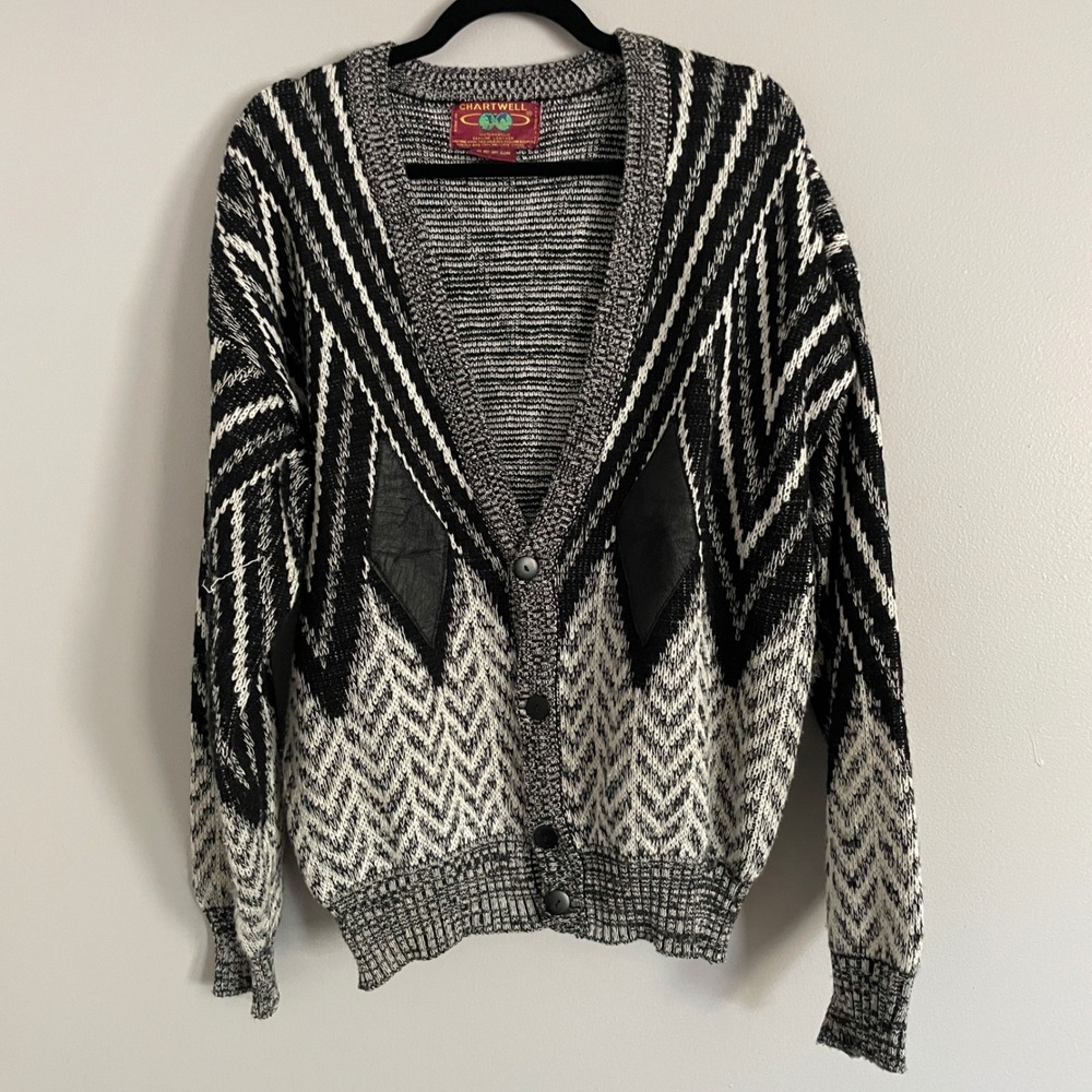 Vintage Chartwell Mens Large Black White Chevron Knit Cardigan Leather Trim L